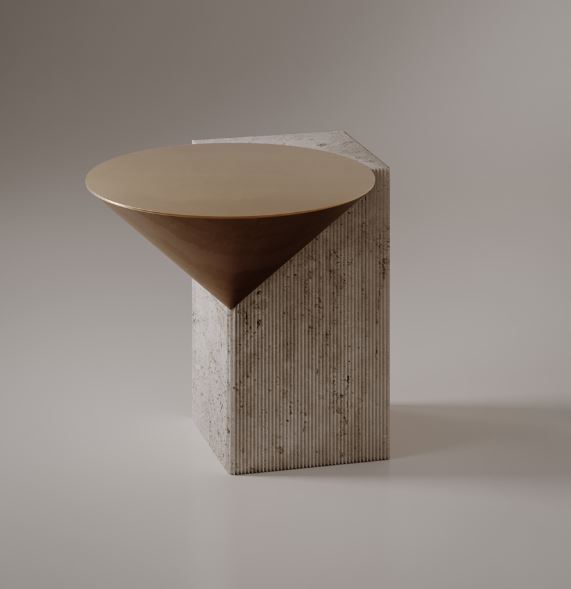 Side Table - Rock / 46 x 45H / Travertine marble base / Delabre' brass top
