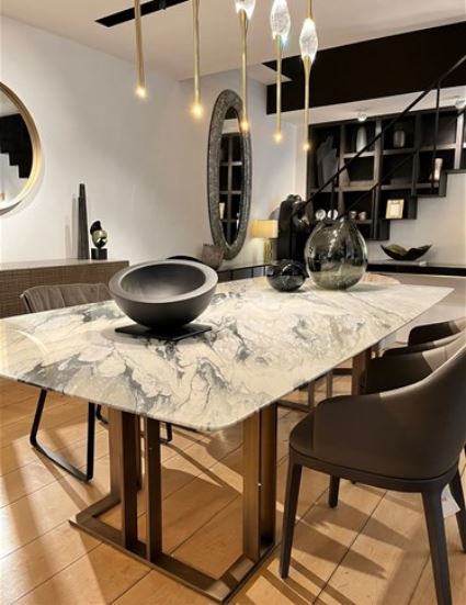 Dining Table - Charlie / 240 x 130 x 74H / Brass / Glossy Calacatta Black