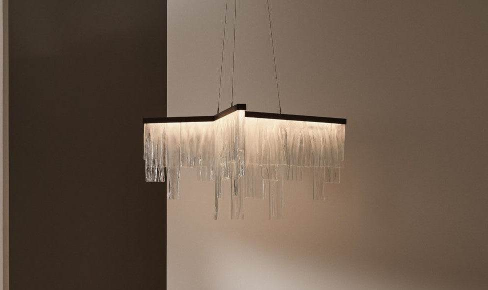 Chandelier I Pendant - Cascata / 145 x 64H / 250 cable / Ceiling Rose / Bronze / Wavy Kiln Glass