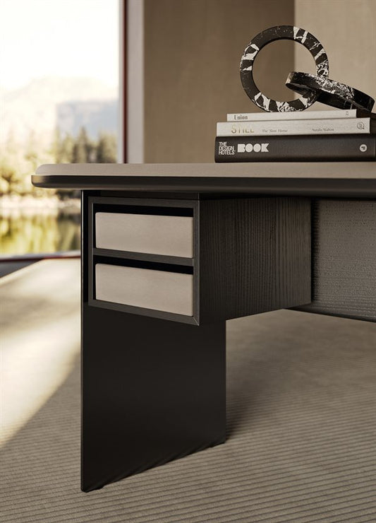 Sensei w/ 2 drawers Beige Leather Desk Black open pore
