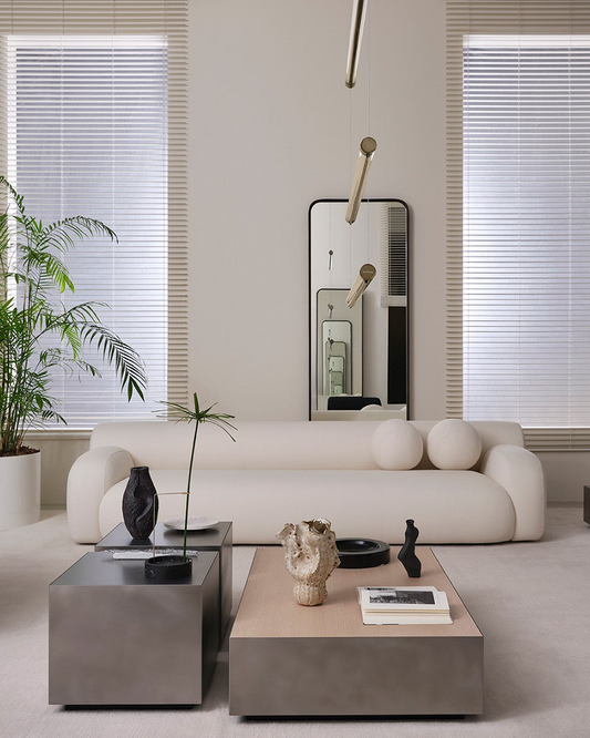 Belt Side Table Putty Back-painted glass Side panels platinum steel