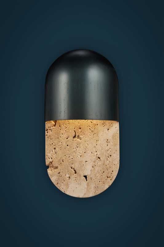 Wall Light - Martel 300 / 15 x 30H / Patinated casted bronze / Travertine