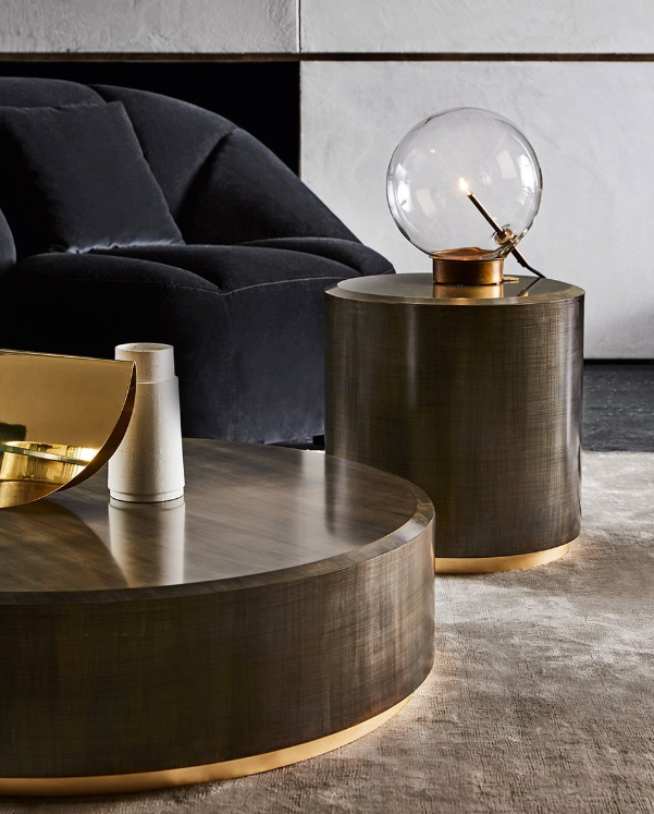 Side Table - Gong S / Dia 45 x 40H / Autumn Weave / Bevelled wood / Gold Leaf Base