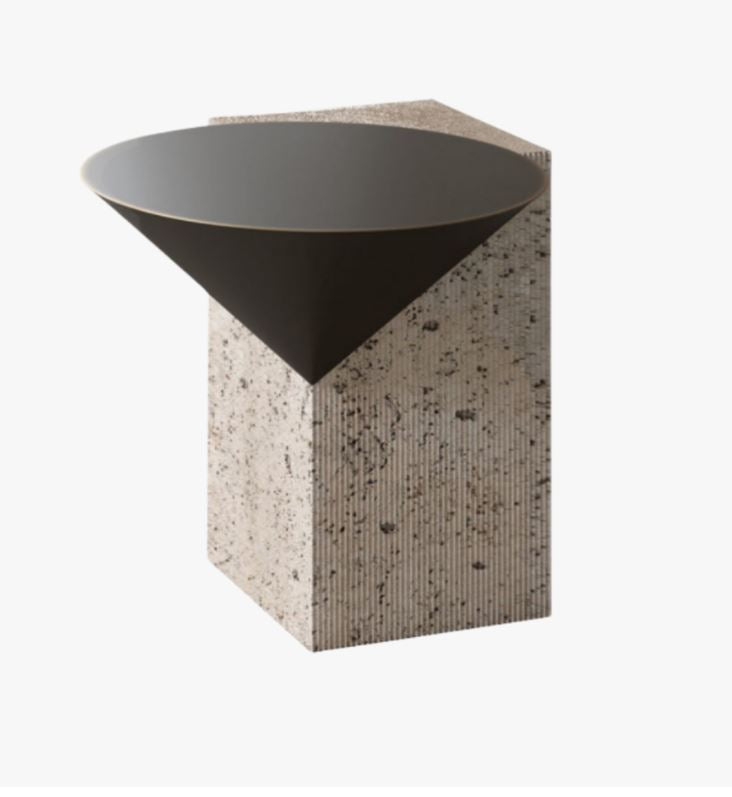 Side Table - Rock / Travertine marble base / Dark burnished brass top / 46 x 45H