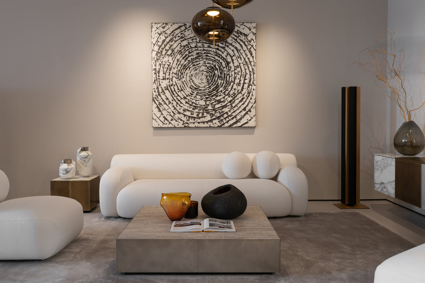 Coffee Table - Belt TB120 / 120 x 120 x 30H / Travertino Titanium top / Side panels platinum steel