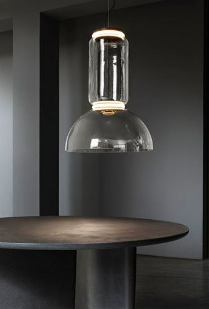 Chandelier I Pendant - Noctambule / D55 x 75H / 1 Low cylinder & 1 Bowl / Clear Glass / Black frame