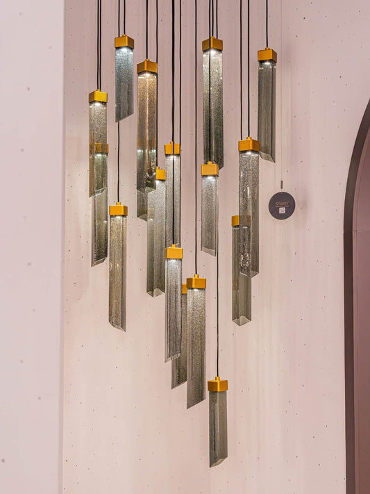 Chandelier I Pendant - Comet Square 17 PCs / Smoke Grey Glass / Champagne Laquer / 380, 480, 580