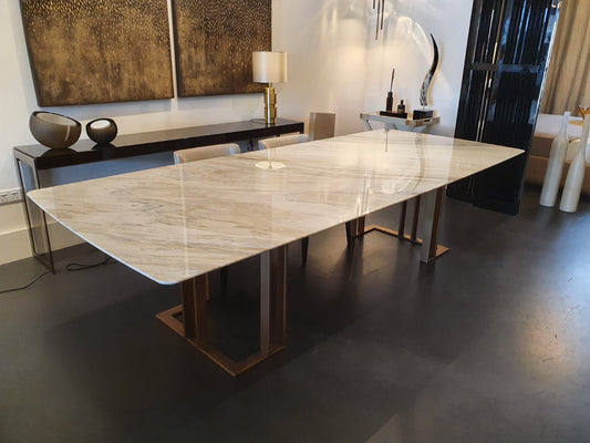 Dining Table - Charlie / 250 x 120 x 74H / Brass / Glossy Calacatta Gold marble