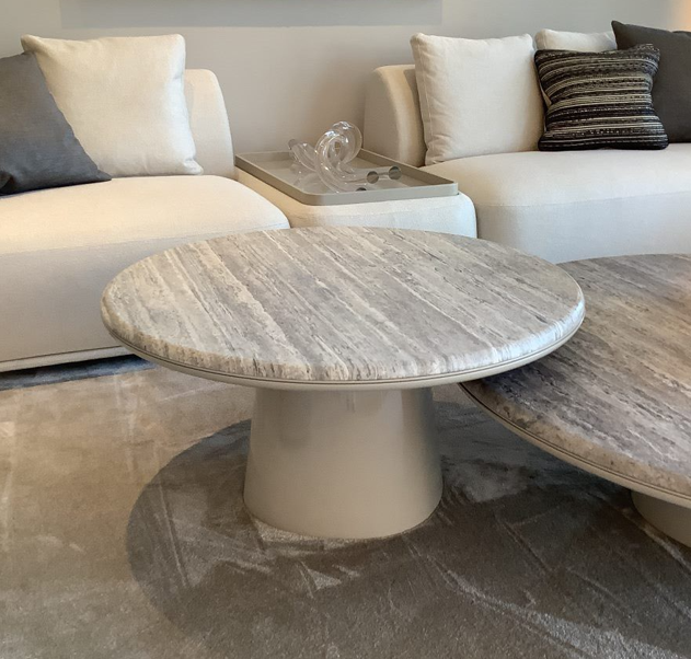 Coffee Table - Leon 90R / Glossy Lacquered Putty base / Travertino Titanium marble / 90 x 44H