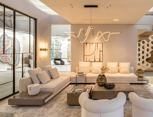 Sofa - Max L w/ table / Putty / Fabric Kiruna 02 / 463 x 307 / Seat 42H / Incl. 12x cushions