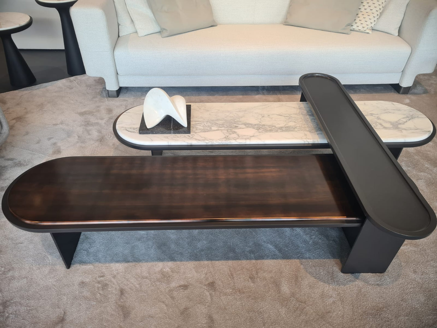 Coffee Table - Sensei Set of 3 / Recessed Wooden Top / Calacatta Vagli Oro Marble / Rosso Marte