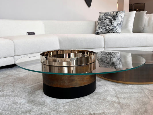Coffee Table - Haumea L / Bright brass, Hand burnished brass, Black wood / D120 x 33H / Glass top
