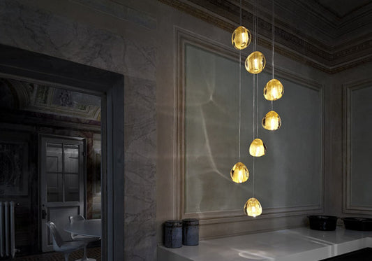 Chandelier I Pendant - Mizu 7 lights/ D31 / 180cm drop / Clear crystal with Gold Leaf