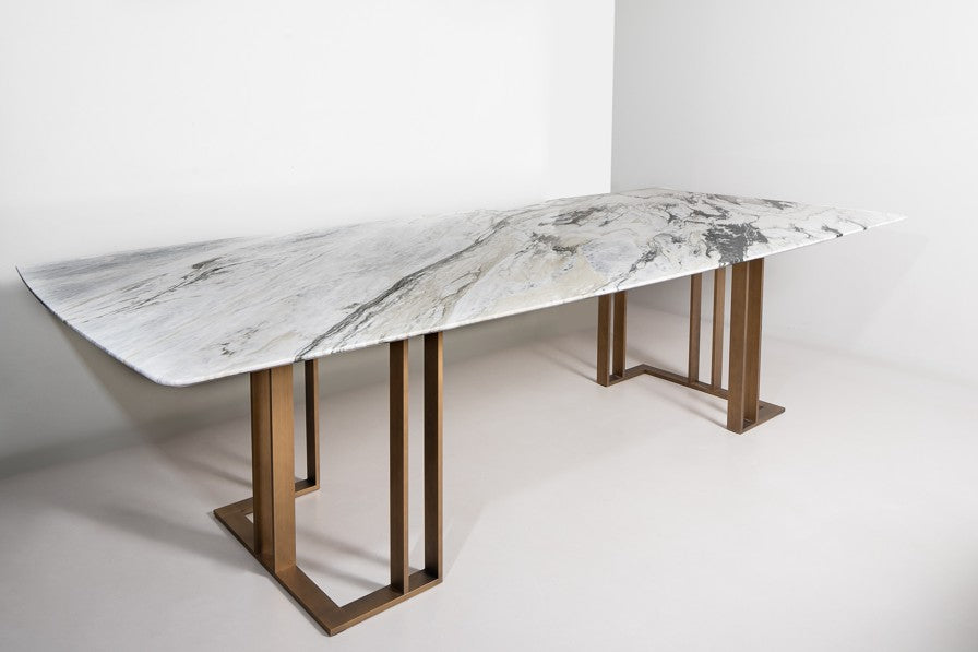 Dining Table - Charlie / 300 x 130 x 74H / Brass / Glossy Calacatta Black marble