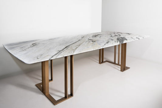 Dining Table - Charlie / 300 x 130 x 74H / Brass / Glossy Calacatta Black marble