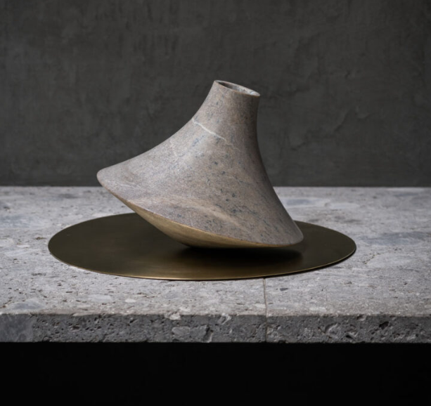 STYLING  ITEM - Toll Vase 01 / Brown  / 20 x 20 x 19H / Soapstone w/ Brass Plate