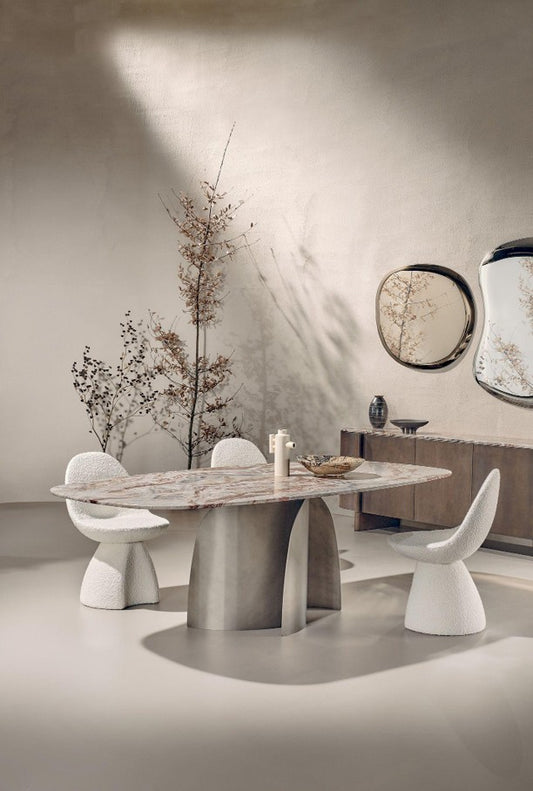 Dining Table - Bloom / Champagne base / Glossy Calacatta Gold marble / 240 x 120 x 75H