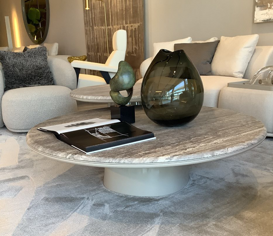 Coffee Table - Leon 130R / Glossy Lacquered Putty base / Travertino Titanium marble / 130 x 34H