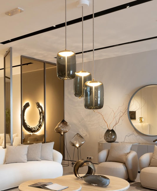 Chandelier I Pendant - Knot Cilindro / Smoke Grey Glass / Brass Finish / 30x30x46  / AC Phase Cut