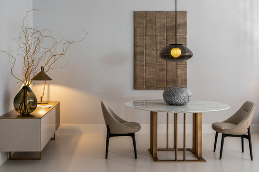 Dining Chair - Royal S / 55 x 57 x 82 / Taupe / Fabric CF1118 col 18 / Leather back CL2000 col 24