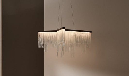 Chandelier I Pendant - Cascata / 145 x 64H / 250 cable / Ceiling Rose / Bronze / Wavy Kiln Glass