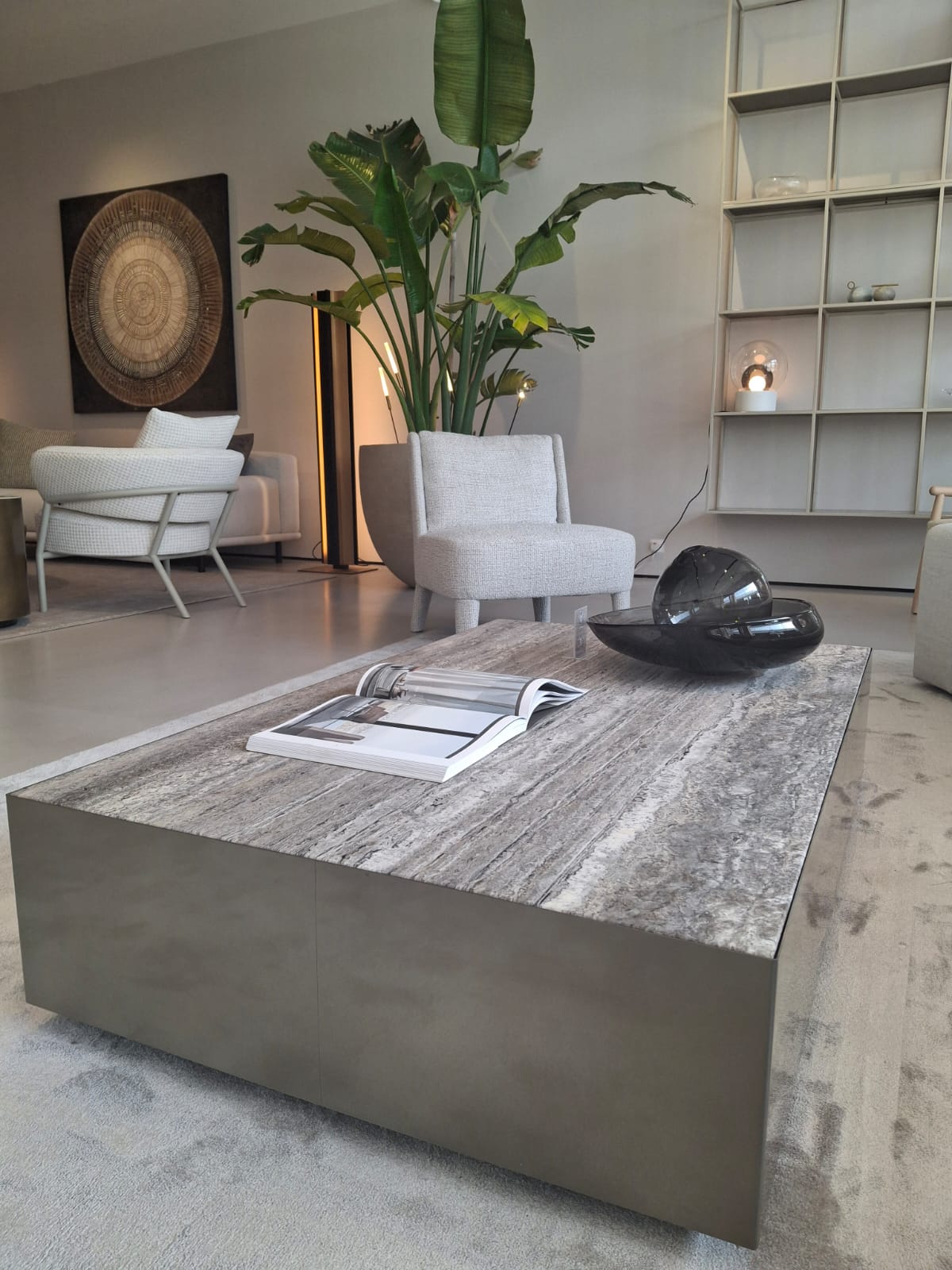 Coffee Table - Belt / Travertino Titanium top / Side panels platinum steel / 130 x 80 x 30H