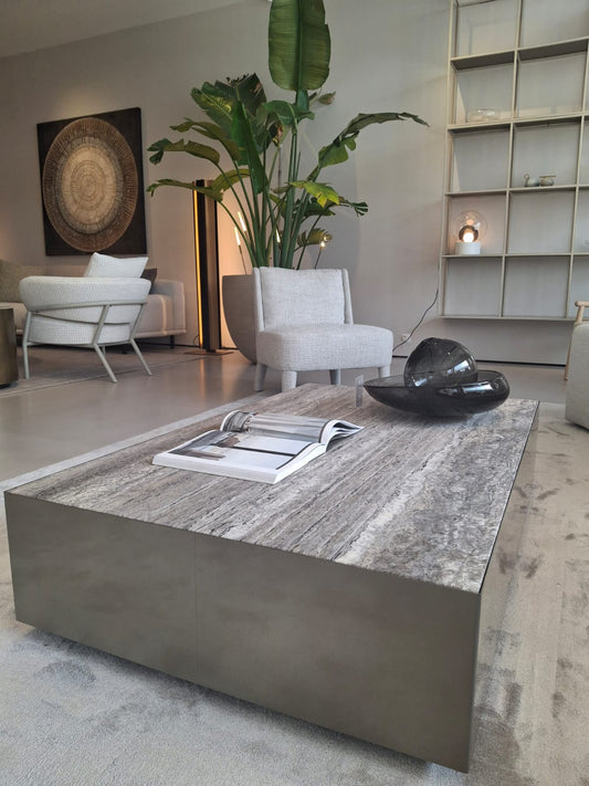 Coffee Table - Belt / Travertino Titanium top / Side panels platinum steel / 130 x 80 x 30H