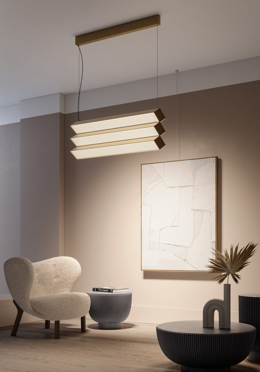 Chandelier I Pendant - Stick Trio / Brushed bronze-nickel / Ribbed / 90x22x36H / 200cm drop