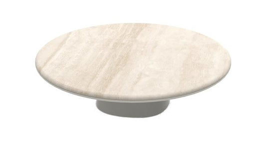 Coffee Table - Leon 130R / 130 x 34H / Base putty lacquer / Marble travertino