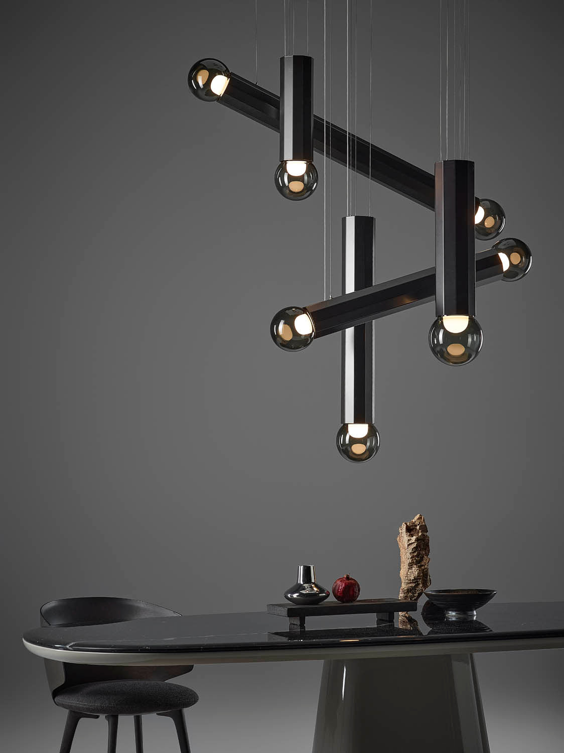 Chandelier I Pendant - Prisma Single S. 350 / Smoke Grey Glass / Burnished Black Lacq. / D15x48h