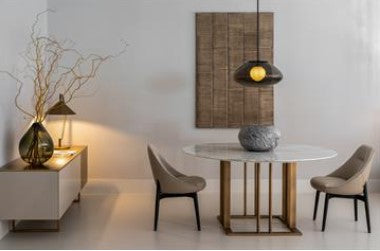 Dining Table - Charlie / Dia 150 x 74H / Brass / Glossy Calacatta Gold