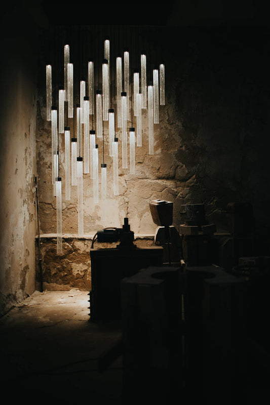 Comet Square 17pcs Chandelier Smoke Grey Glass w/ Champagne Laquer