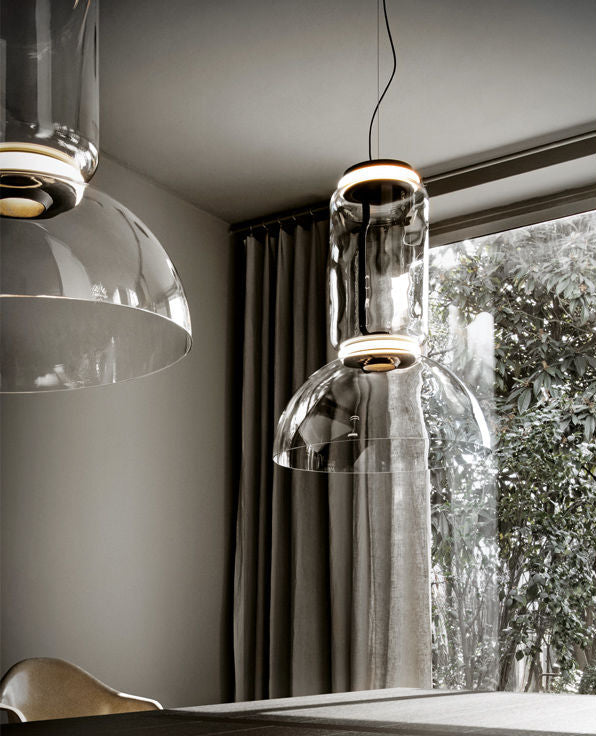 Noctambule Pendant 1 Low cylinder & 1 Bowl Clear Glass Black frame