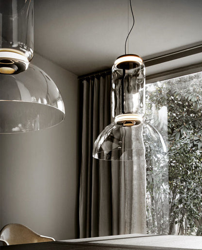 Noctambule Pendant 1 Low cylinder & 1 Bowl Clear Glass Black frame