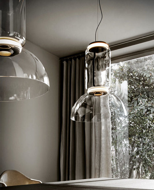 Noctambule Pendant 1 Low cylinder & 1 Bowl Clear Glass Black frame