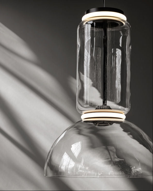 Noctambule Pendant 1 Low cylinder & 1 Bowl Clear Glass Black frame