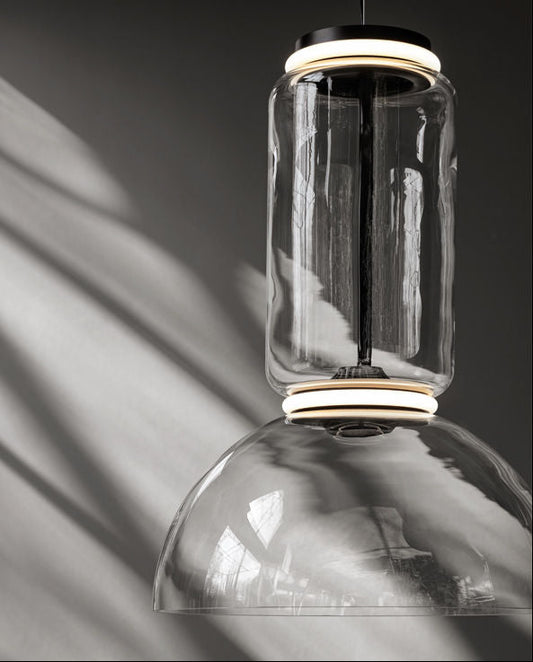 Noctambule Pendant 1 Low cylinder & 1 Bowl Clear Glass Black frame