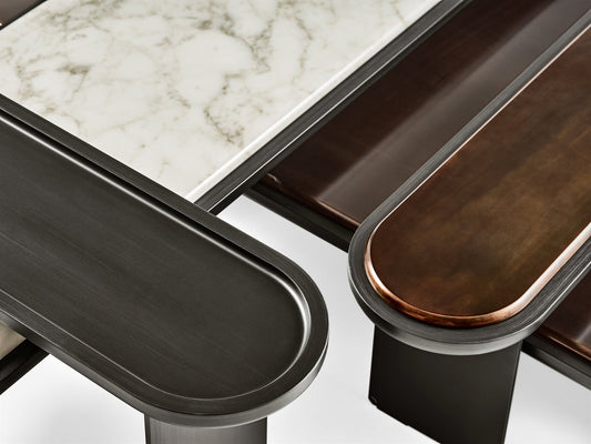 Sensei Set of 3 Coffee Table Recessed Wooden Top / Calacatta Vagli Oro Marble / Rosso Marte